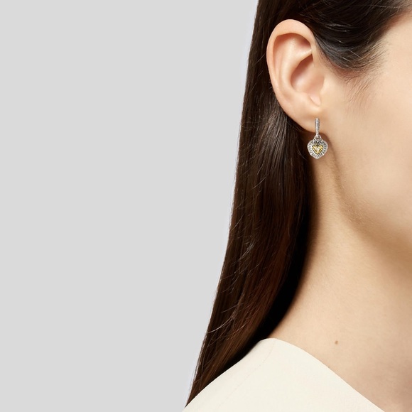 Judith Ripka Sterling Silver 18K Gold JR TWO Diamond Heart Romance Drop Earrings - Picture 10 of 10